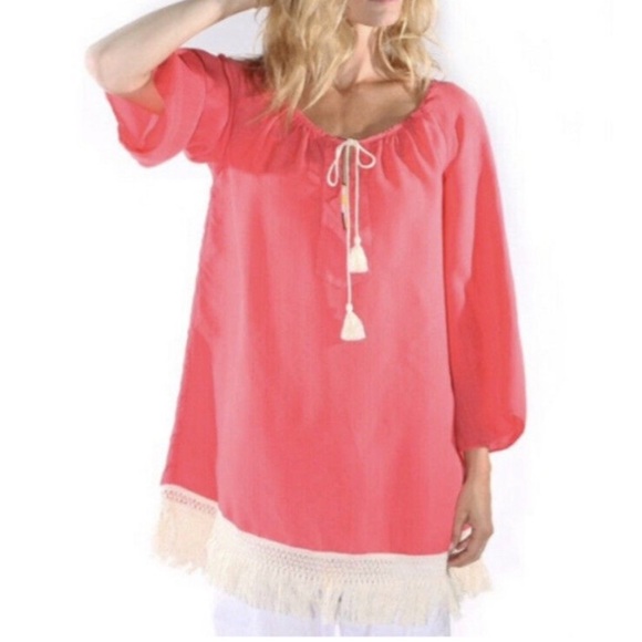 WOO Coral Cotton Fringe Trim Kaftan Tunic - Picture 2 of 9